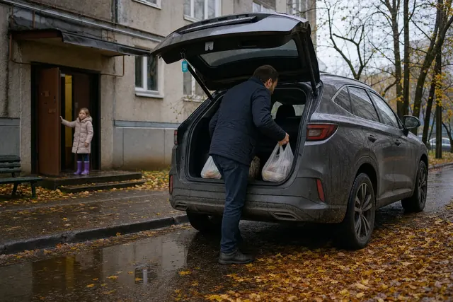 Стоит ли покупать китайский автомобиль: мужчина достаёт пакеты из багажника грязного кроссовера, у подъезда ждёт девочка