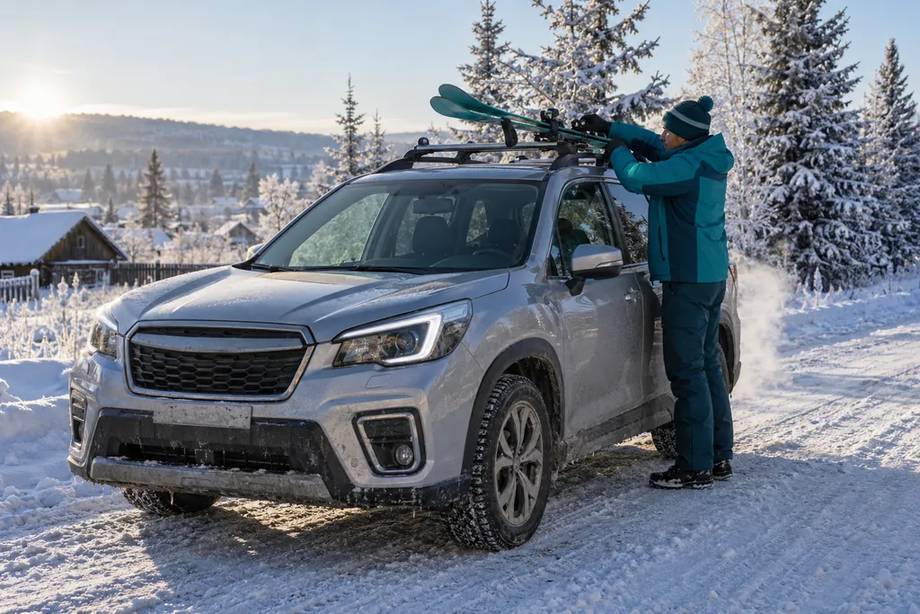 Subaru Forester: мужчина крепит лыжи на крышу серебристого кроссовера на заснеженной дороге