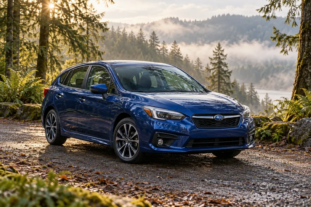 Синяя Subaru Impreza у лесной дороги