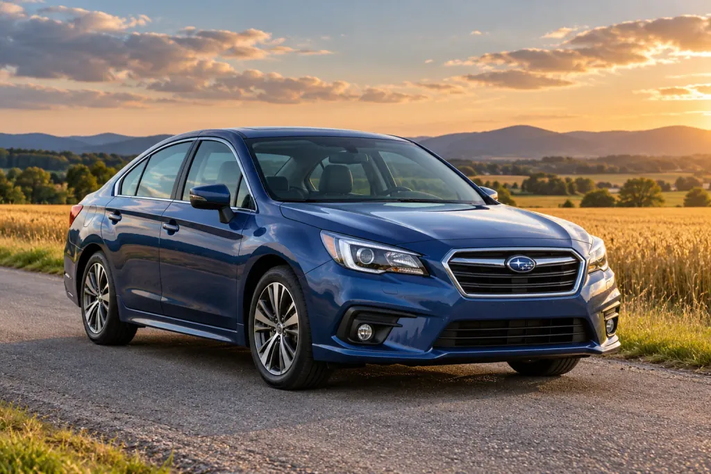 Синяя Subaru Legacy у загородной дороги