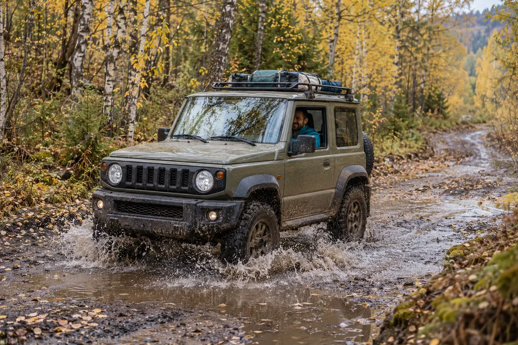 Suzuki Jimny: двухдверный внедорожник цвета хаки едет по лесной грунтовке