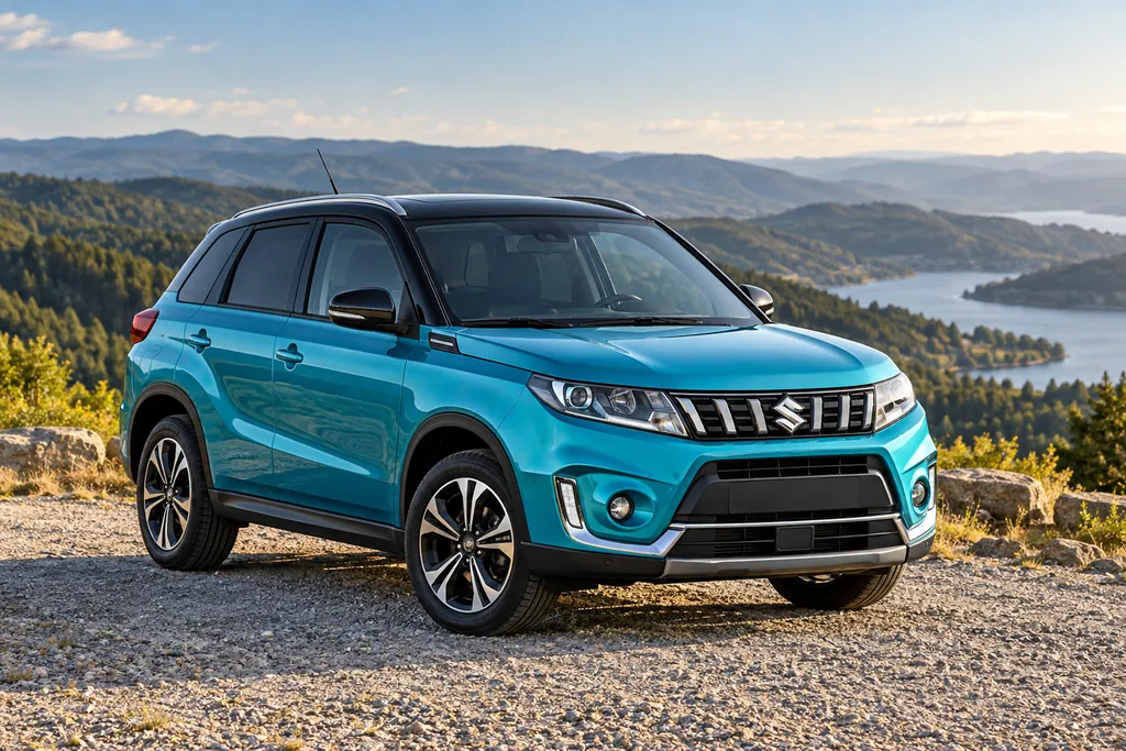 Бирюзовая Suzuki Vitara на лесной смотровой площадке