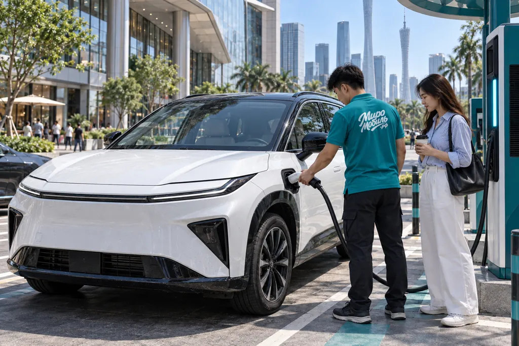 Toyota bZ3X: сотрудник МироМобиля ставит на зарядку белый кроссовер Toyota bZ3X у торгового центра в Гуанчжоу