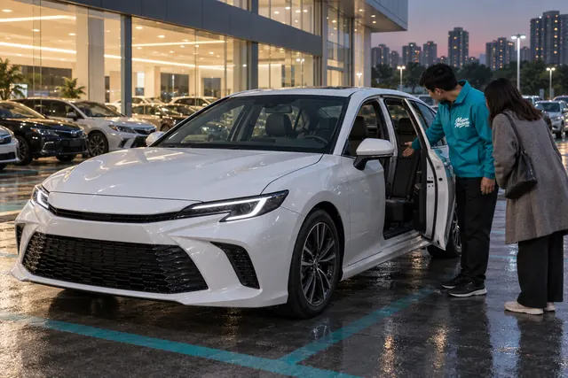 Toyota Camry: сотрудник МироМобиля показывает клиенту второй ряд белого седана у дилера в Гуанчжоу