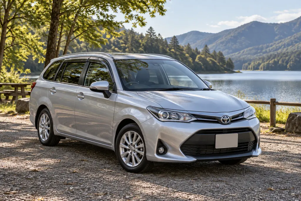 Серебристый универсал Toyota Corolla Fielder у озера