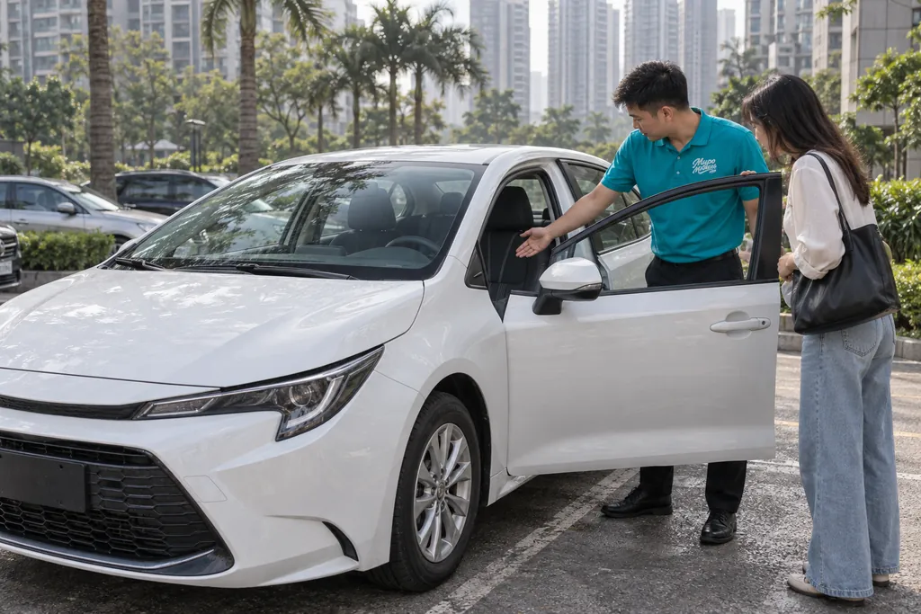 Toyota Corolla из Китая: сотрудник МироМобиля показывает покупательнице салон белой Corolla на стоянке в Гуанчжоу