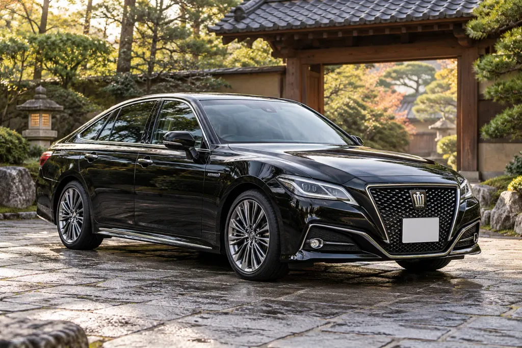 Чёрный седан Toyota Crown у японского сада