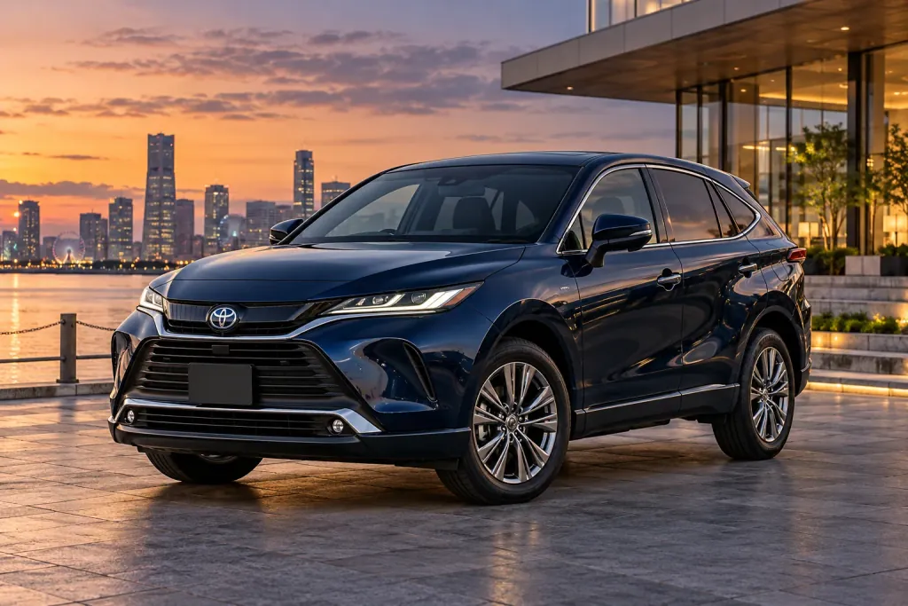 Тёмно-синяя Toyota Harrier у вечерней набережной