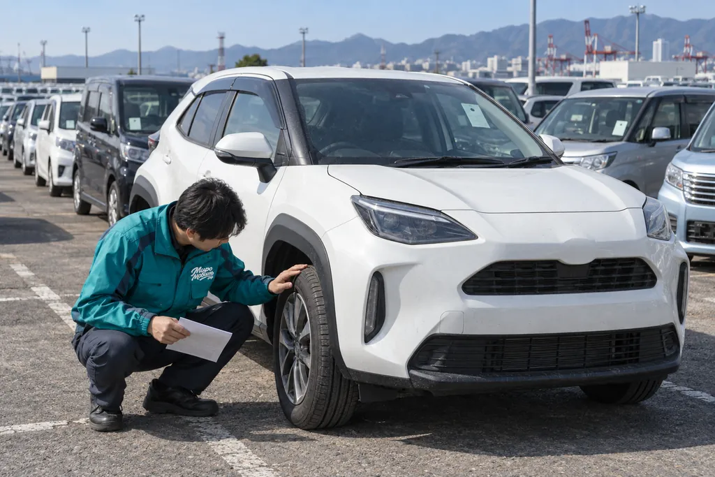 Toyota из Японии: сотрудник МироМобиля с аукционным листом проверяет колесо белого Toyota Yaris Cross на стоянке аукциона