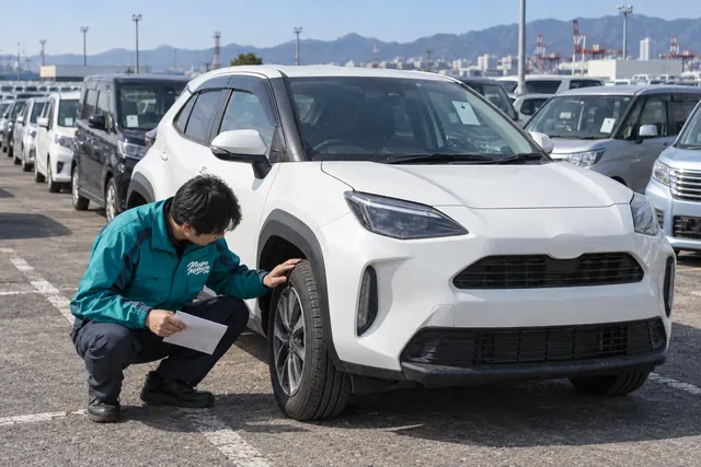 Toyota из Японии: сотрудник МироМобиля с аукционным листом проверяет колесо белого Toyota Yaris Cross на стоянке аукциона
