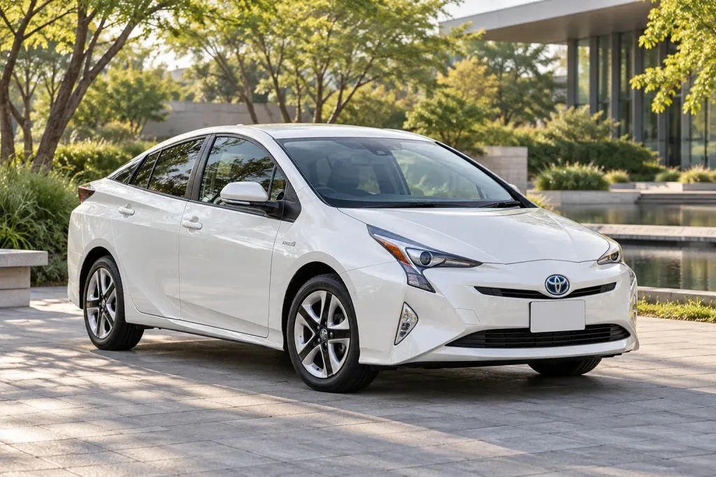 Белая Toyota Prius у современного парка