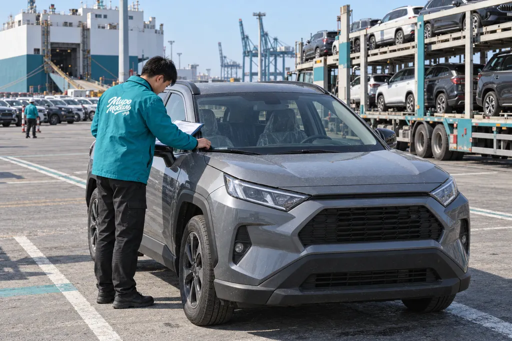 Toyota RAV4: сотрудник МироМобиля сверяет VIN серого кроссовера пятого поколения в китайском порту