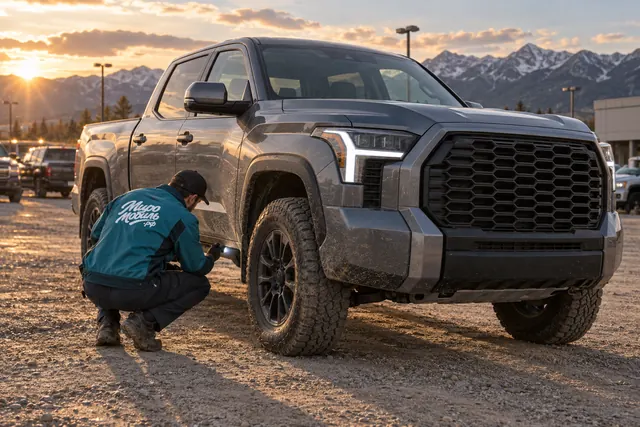 Toyota Tundra из США: сотрудник МироМобиля светит фонарём на раму серого пикапа Toyota Tundra у гор в Колорадо