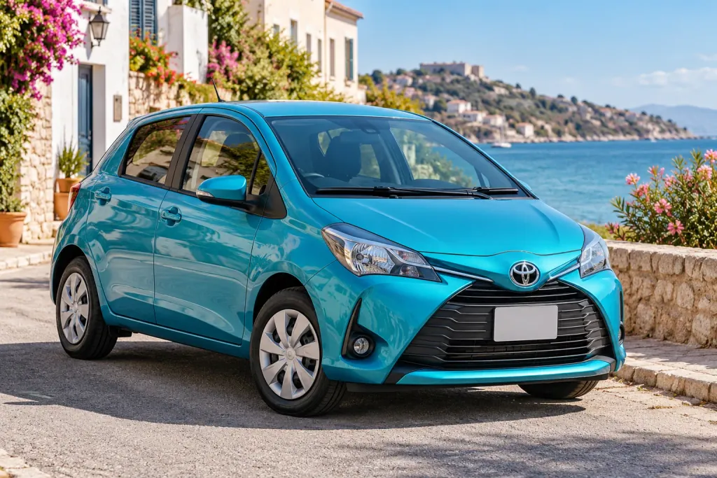 Бирюзовая Toyota Vitz у цветущих кустов