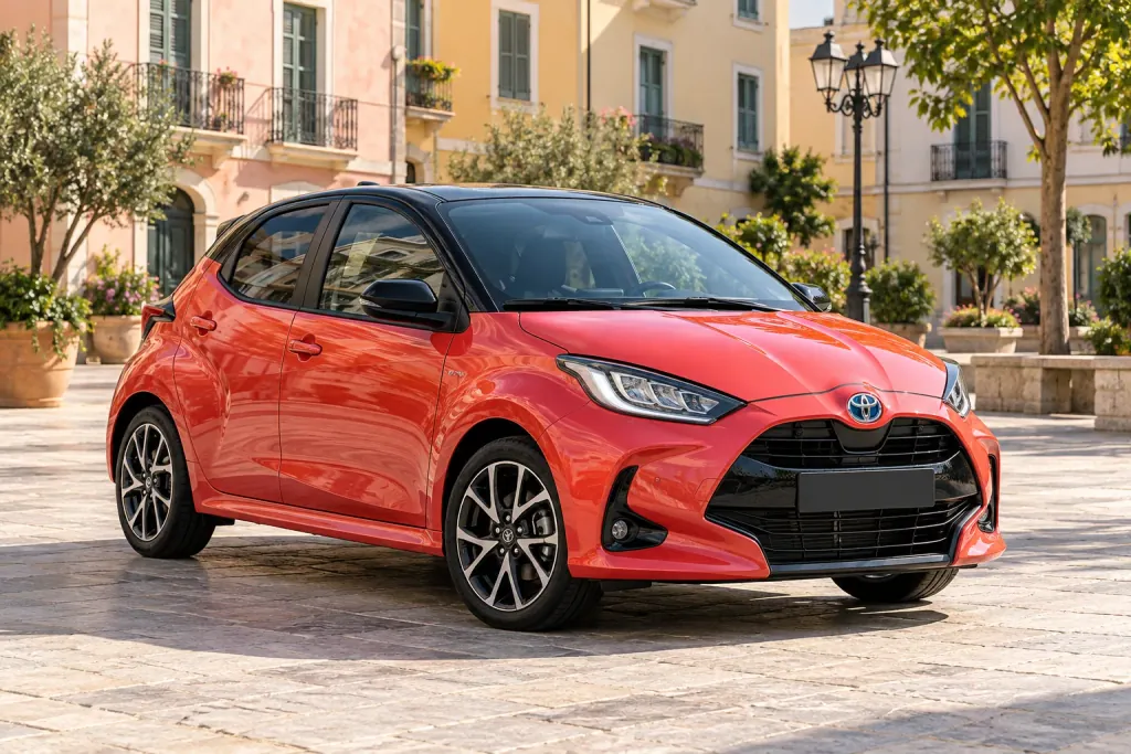 Красная Toyota Yaris на городской площади
