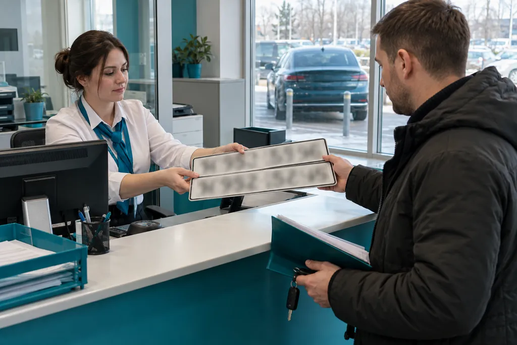 Транзитные номера: сотрудница отделения регистрации выдаёт водителю комплект номерных знаков для перегона