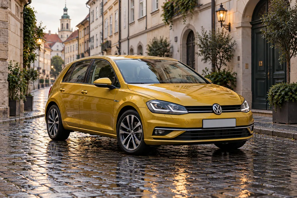Жёлтый Volkswagen Golf на мощёной улице