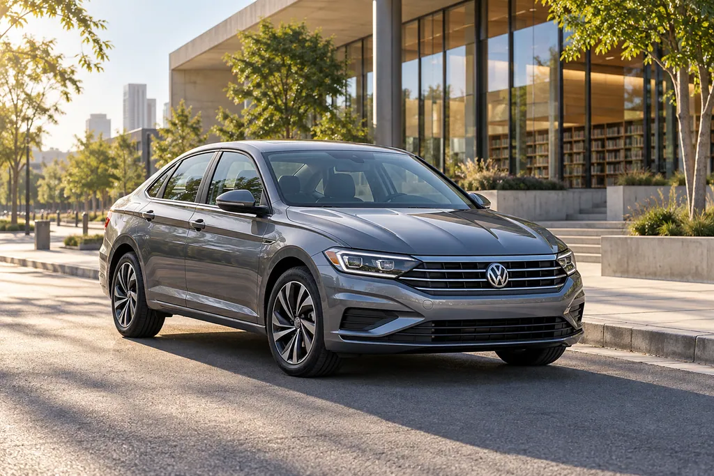 Серый Volkswagen Jetta у современной библиотеки