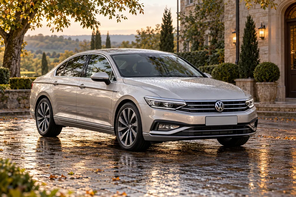 Серебристый Volkswagen Passat у загородного отеля