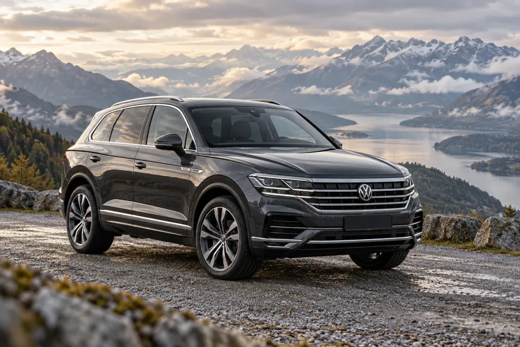 Тёмный Volkswagen Touareg в горах