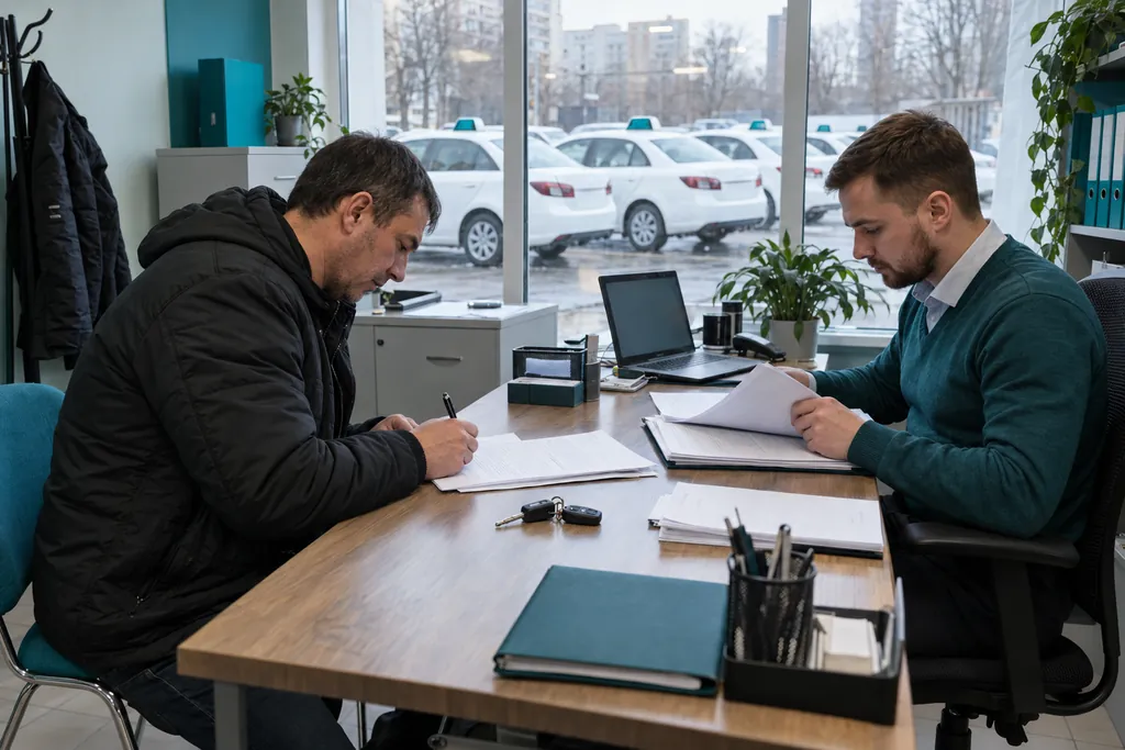 Выкуп авто под такси: водитель подписывает договор в офисе таксопарка, за окном стоят белые машины