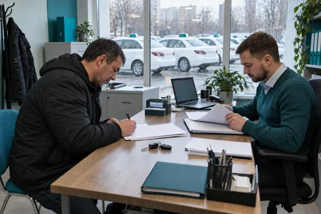 Выкуп авто под такси: водитель подписывает договор в офисе таксопарка, за окном стоят белые машины