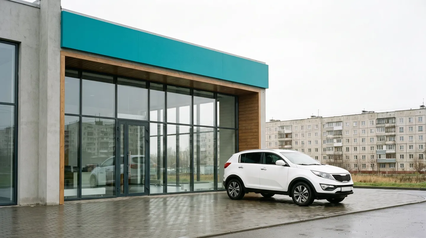 Фасад в бирюзовом фирменном оформлении рядом с автомобилем